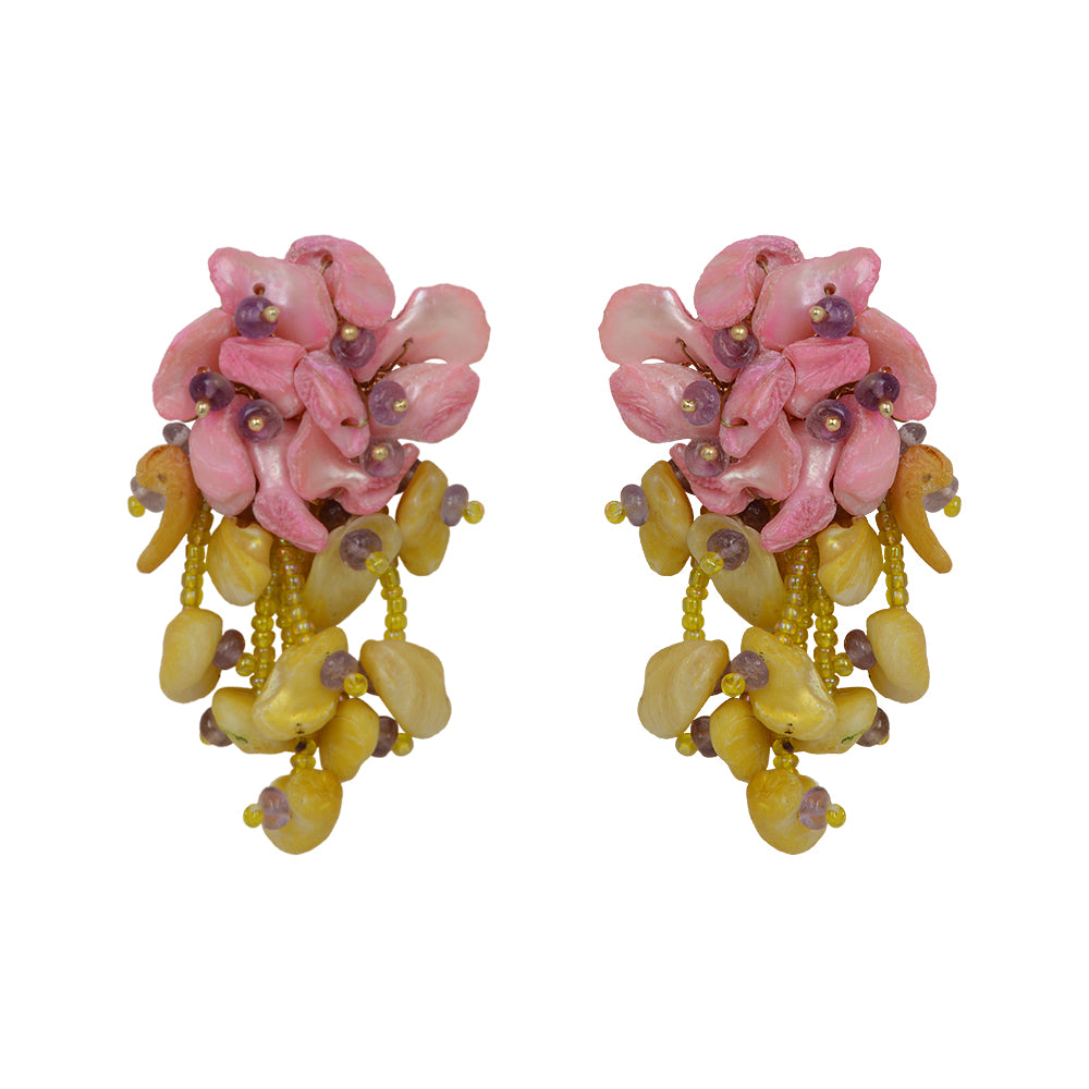 Pink and yellow dyed shell tassel earrings for women wear