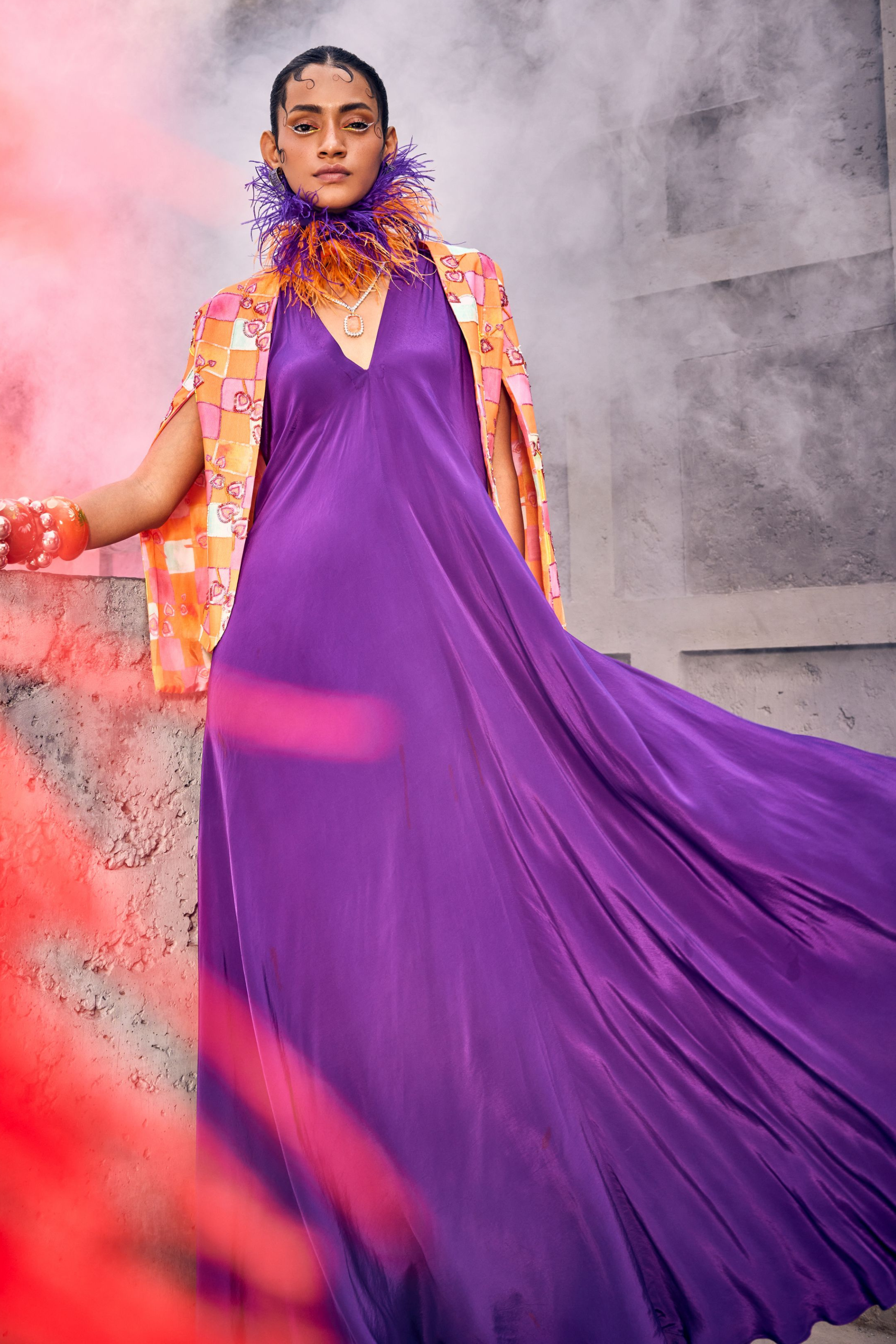 Purple Chic Gown with Digital Print Cape style Jacket