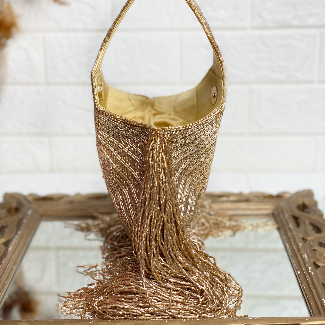 Gold Embellished Sequin Bag with Long Fringes