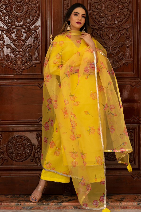 Yellow Suit Set with Organza Dupatta