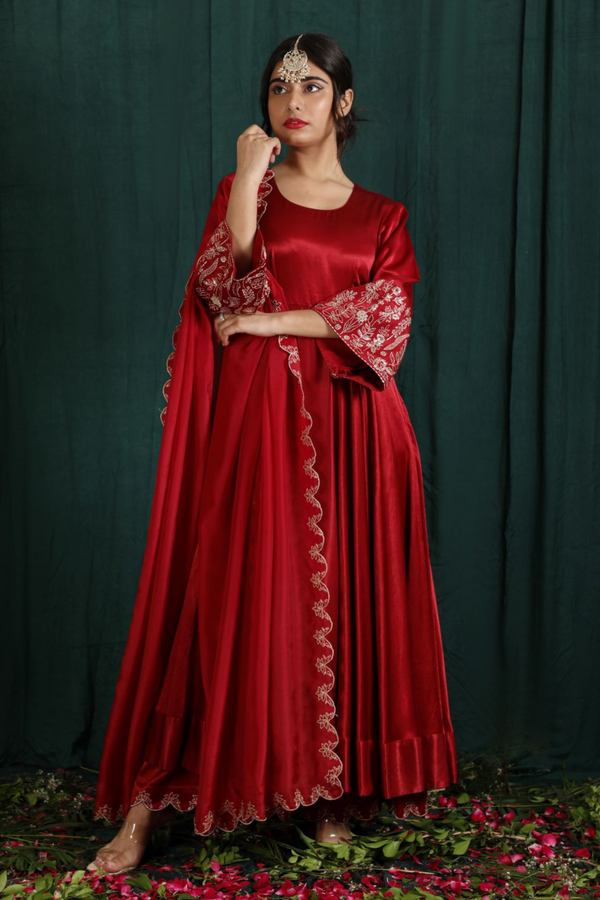 Red Embellished Silk Anarkali Set