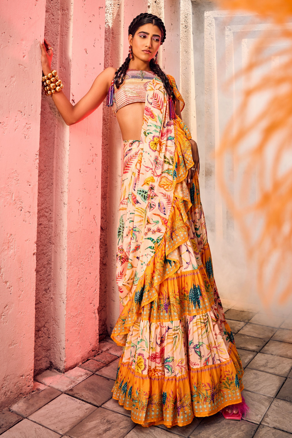 Multi Colored Ruffled Drape Saree