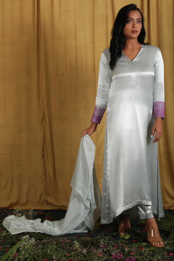 Silver Embroidered Silk Suit Set