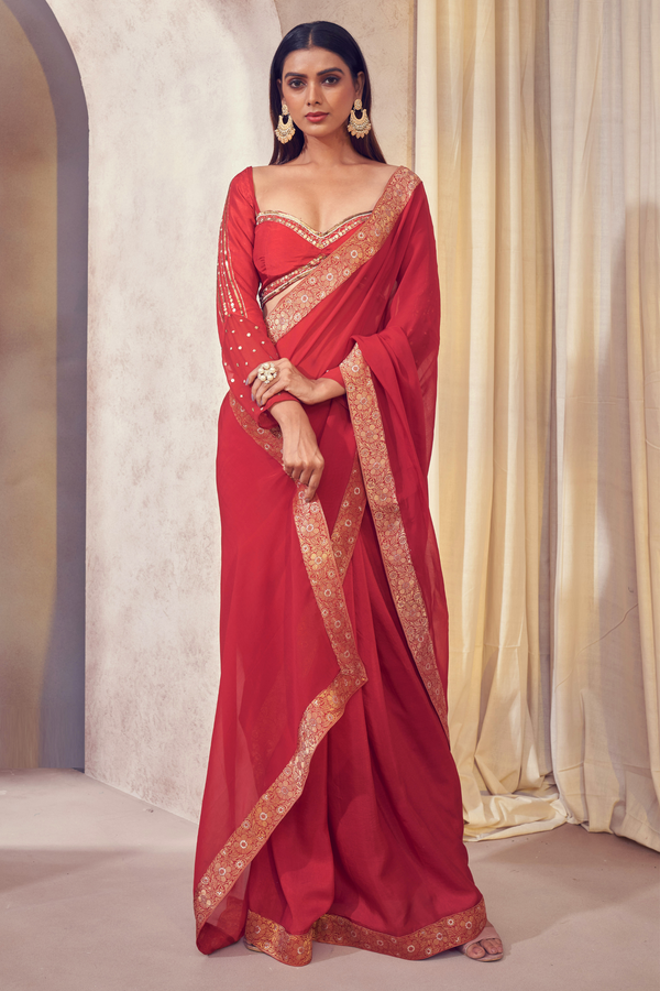 Red Organza Saree with Hand Embroidered Blouse
