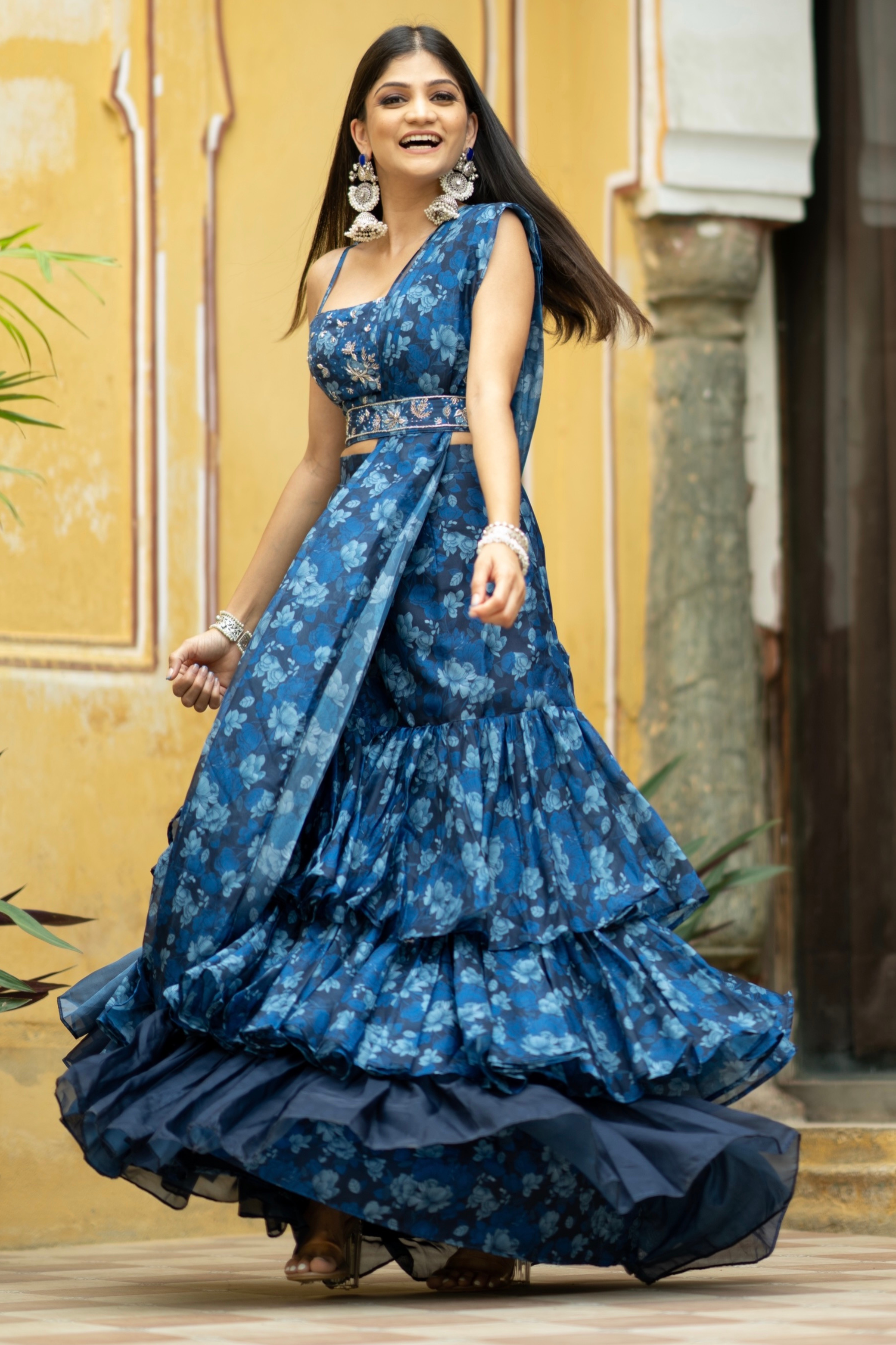 Midnight Blue Ruffle Saree with Blouse