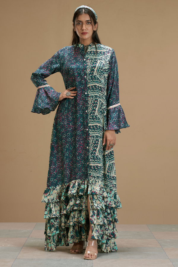 Printed Blue Ruffled Dress with Flared Sleeves