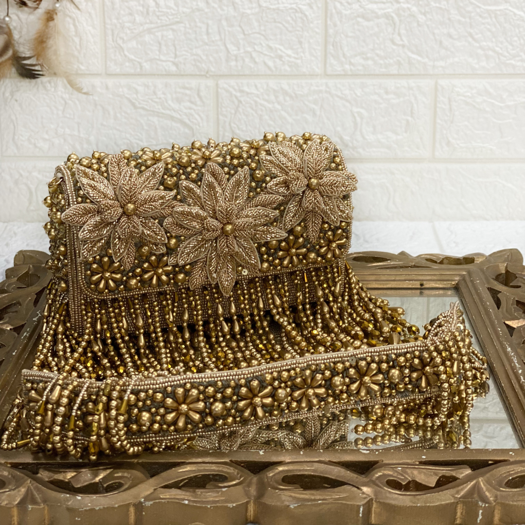 Gold Clutch Embedded with Rhinestones and Sequins