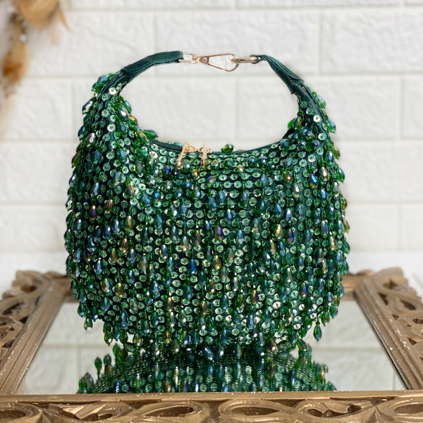 Bottle Green Embellished Sequence and Pearl Potli