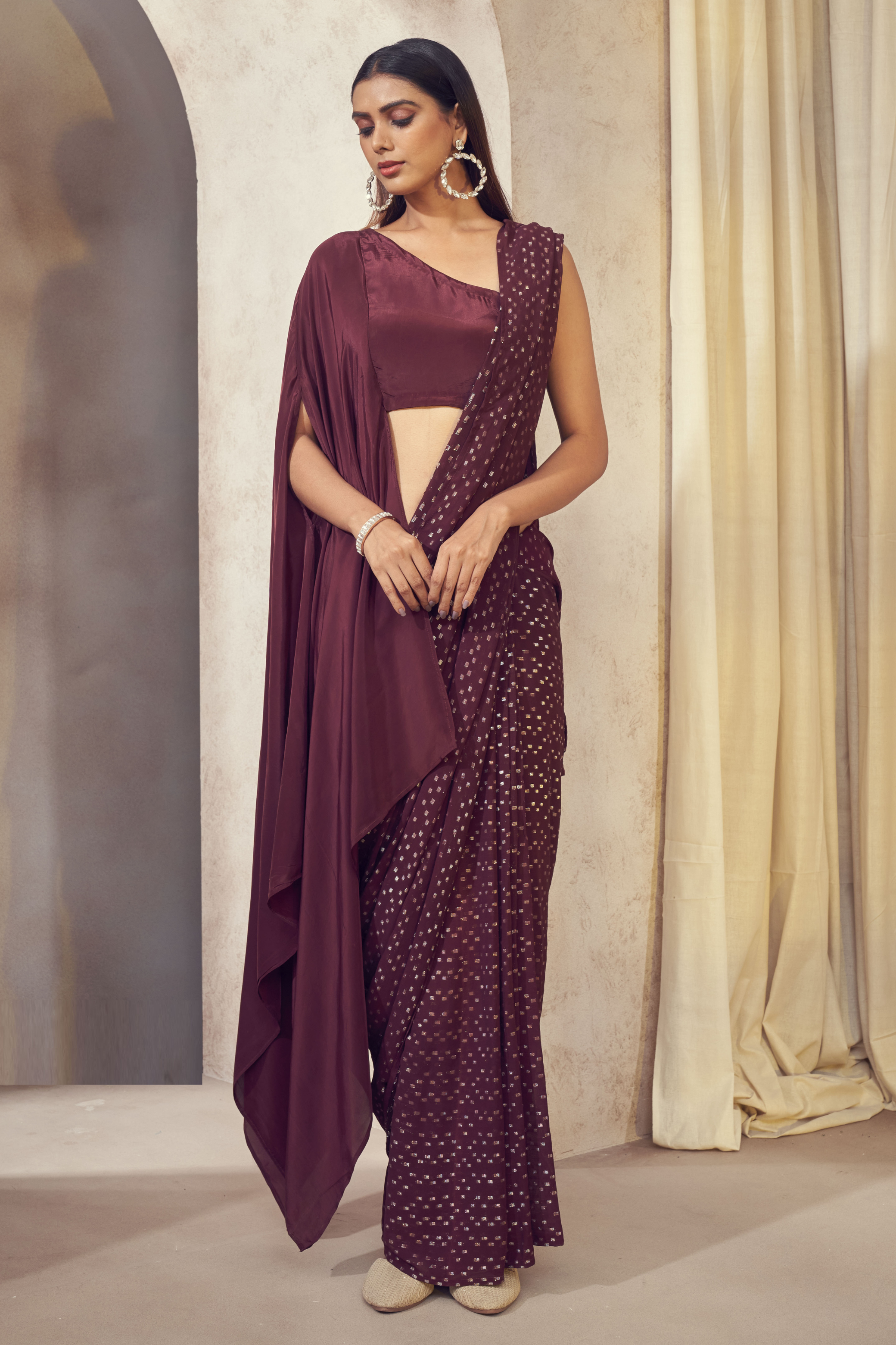 Wine Saree with Asymmetrical Cape Blouse