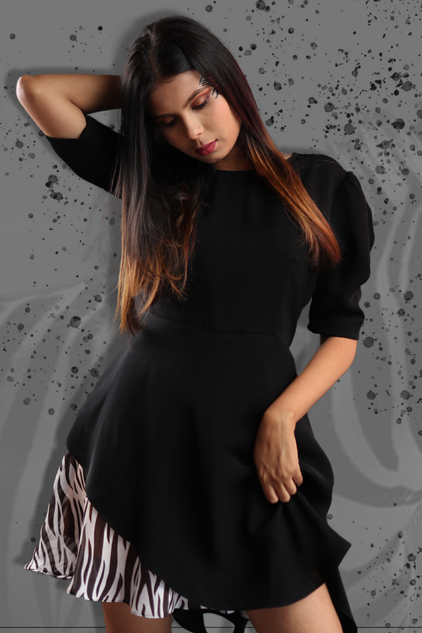 Black Dress with Overlapped Printed Skirt
