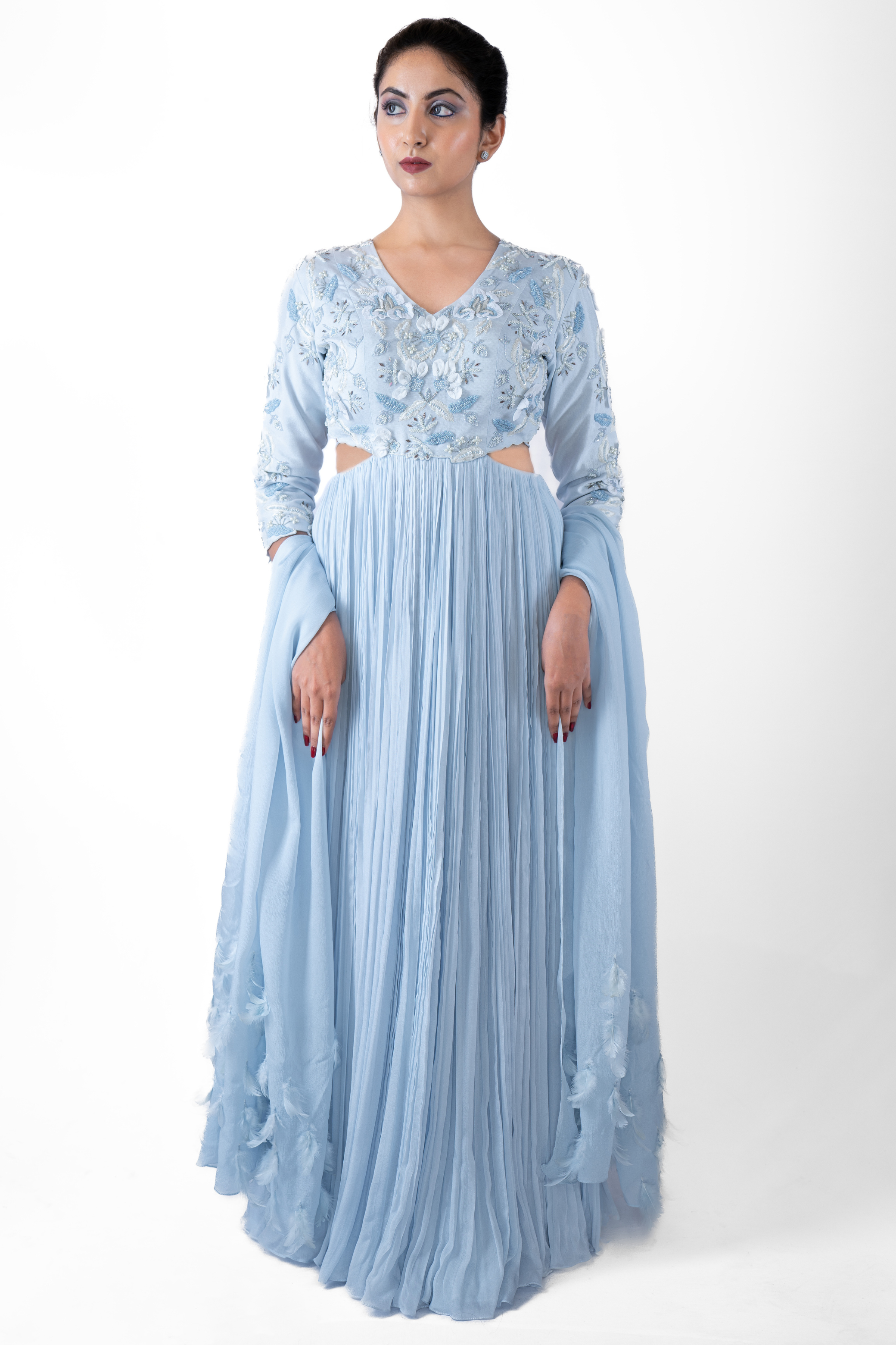 Cloud Blue Pleated Gown with Dupatta