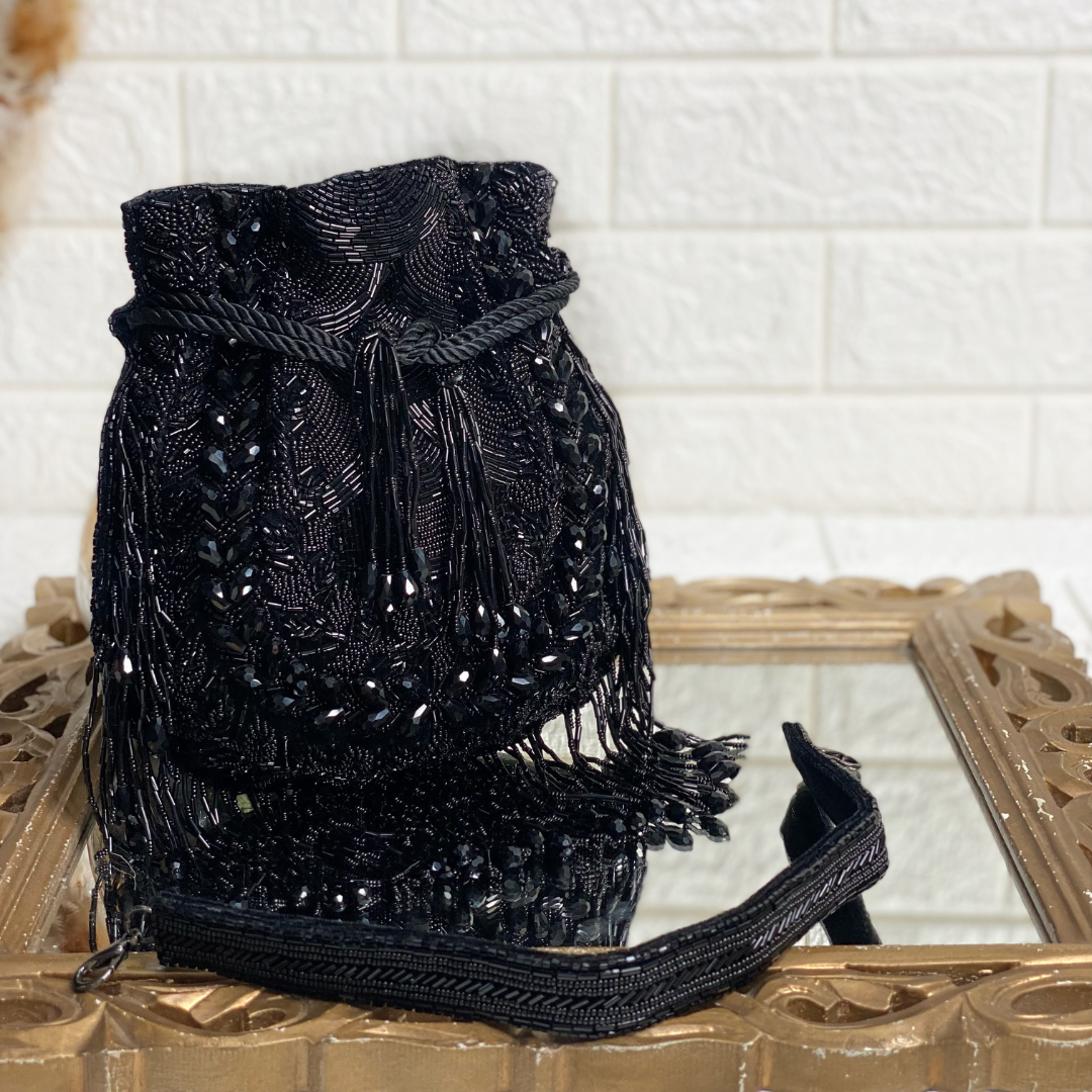 Black Embellished Pearl Potli with Attached Fringes