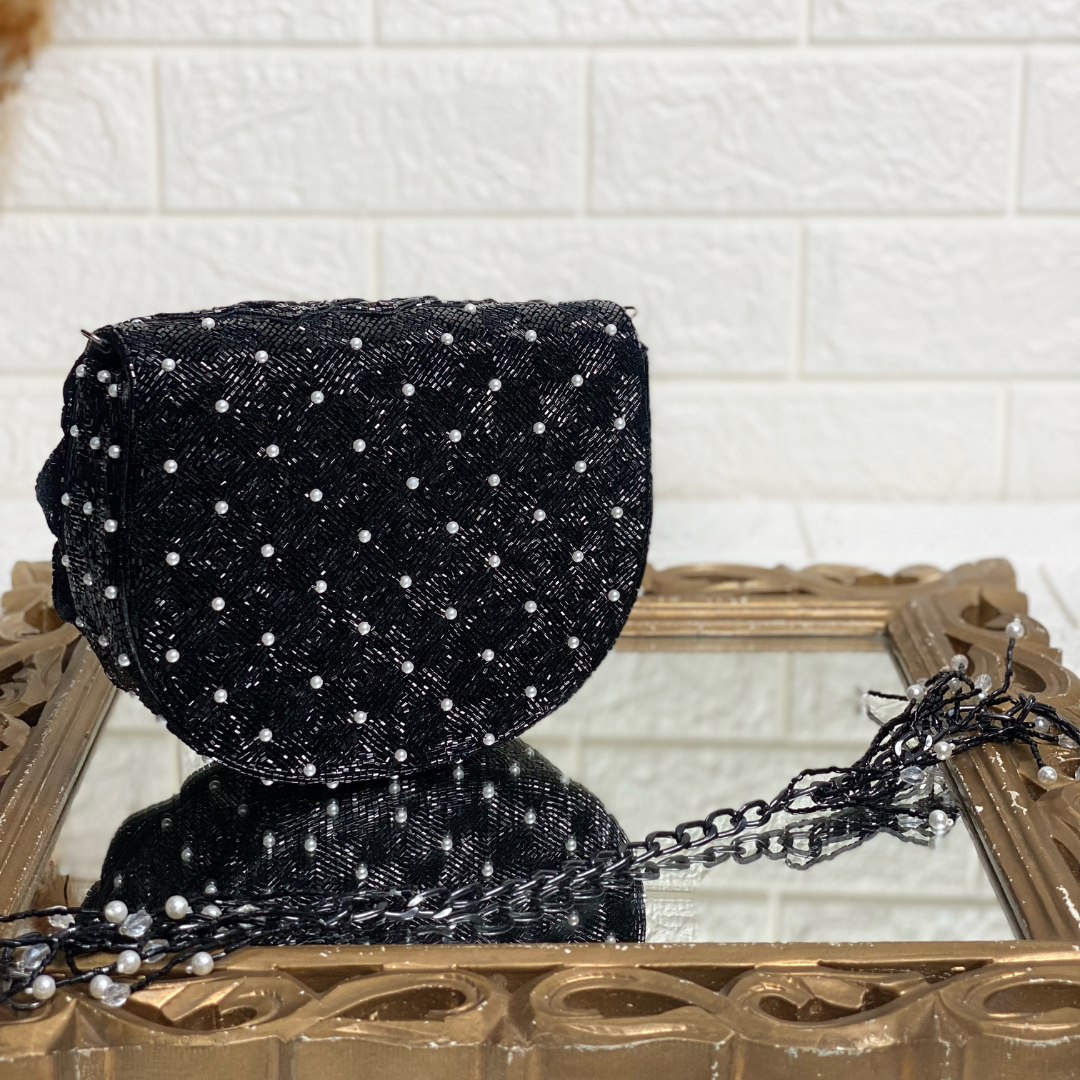Black Embellished Rinestones Sequin Bag in Flower Shapes
