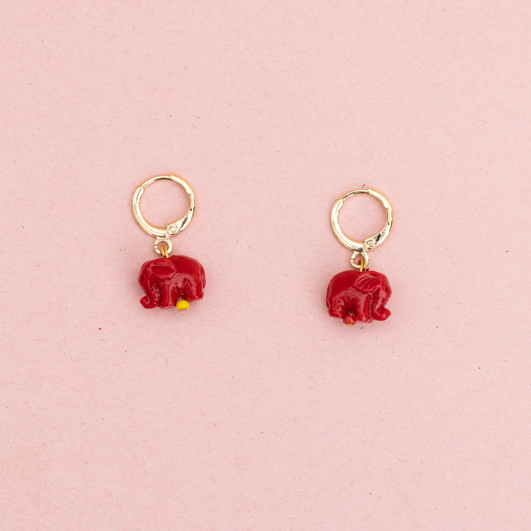 Huggie Hoops with Red Coral Stone Elephant Charms