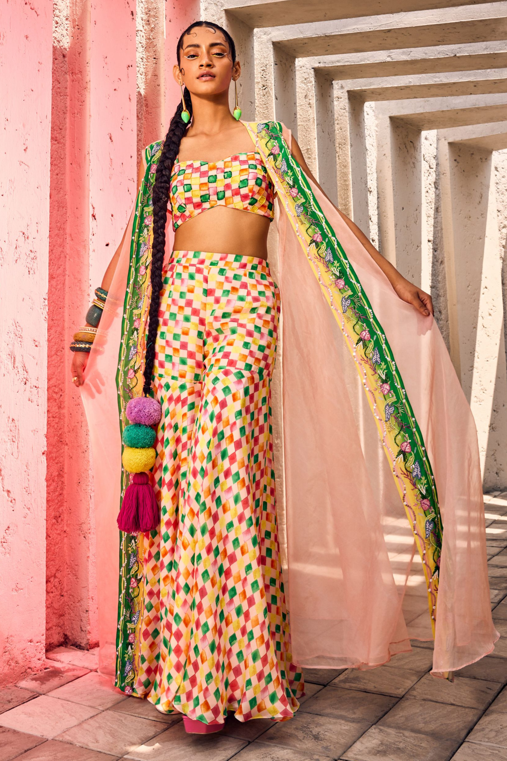 Multi Color Embroidered Crop Top Set