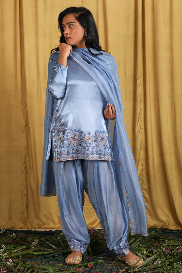 Blue Embroidered Silk Suit Set