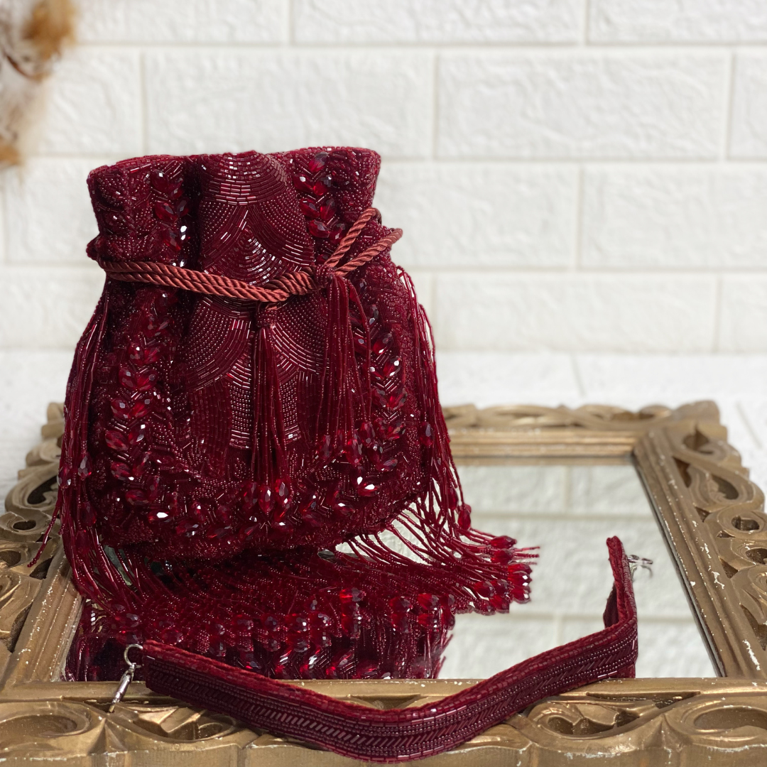 Maroon Embellished Pearl Potli with Attached Fringes