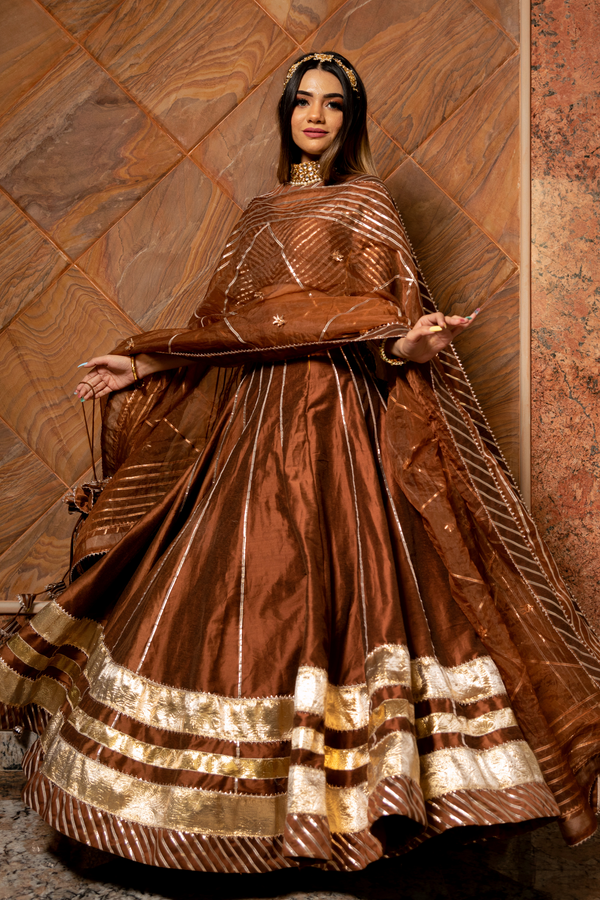 Brown Cotton Silk Lehenga Set with Lace Work