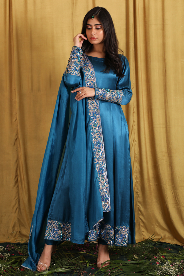 Blue Embellished Silk Suit Set