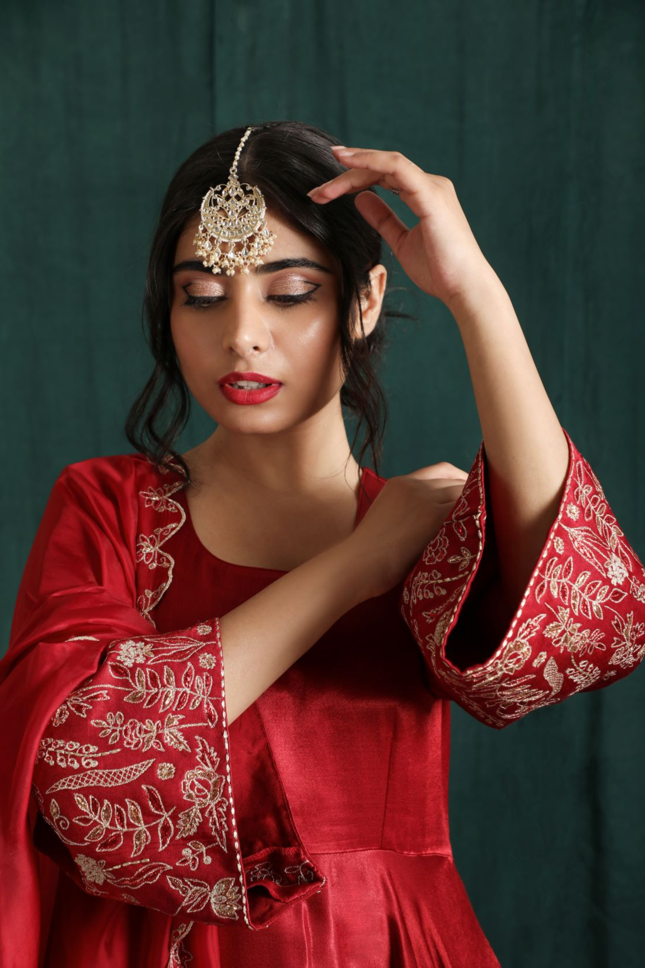 Red Embellished Silk Anarkali Set