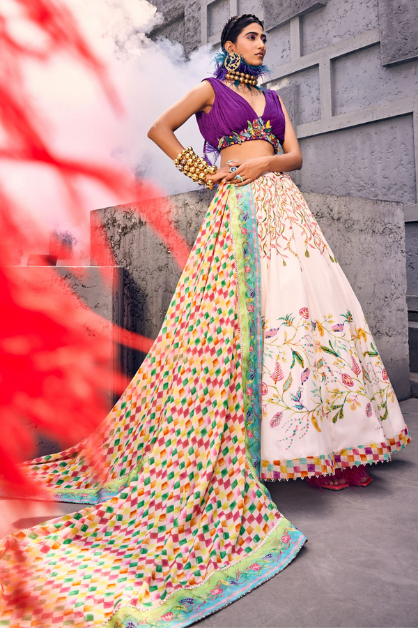 Multi Color Floral Embellished Crop Top with Skirt