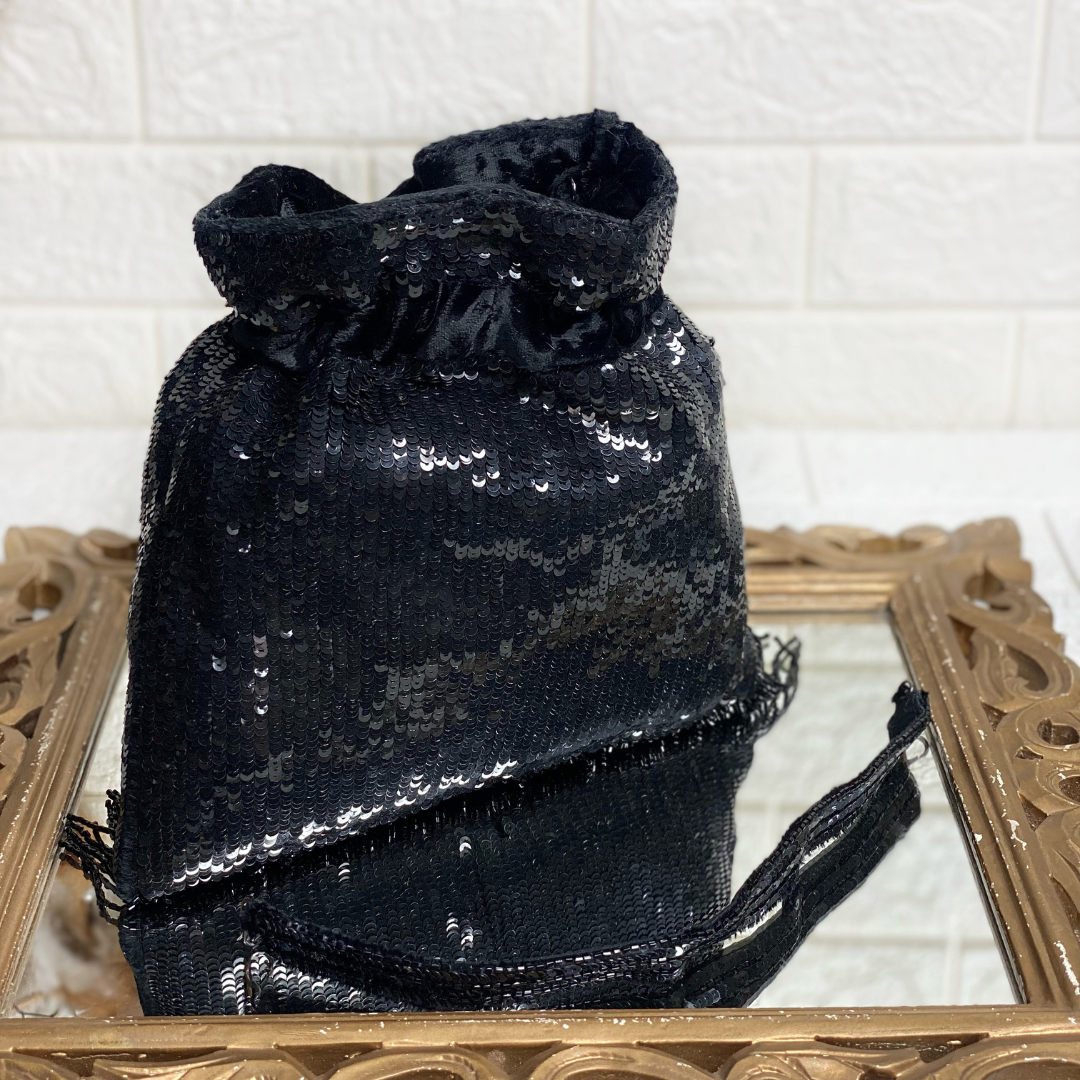 Black Embellished Sequin Potli with Attached Fringes
