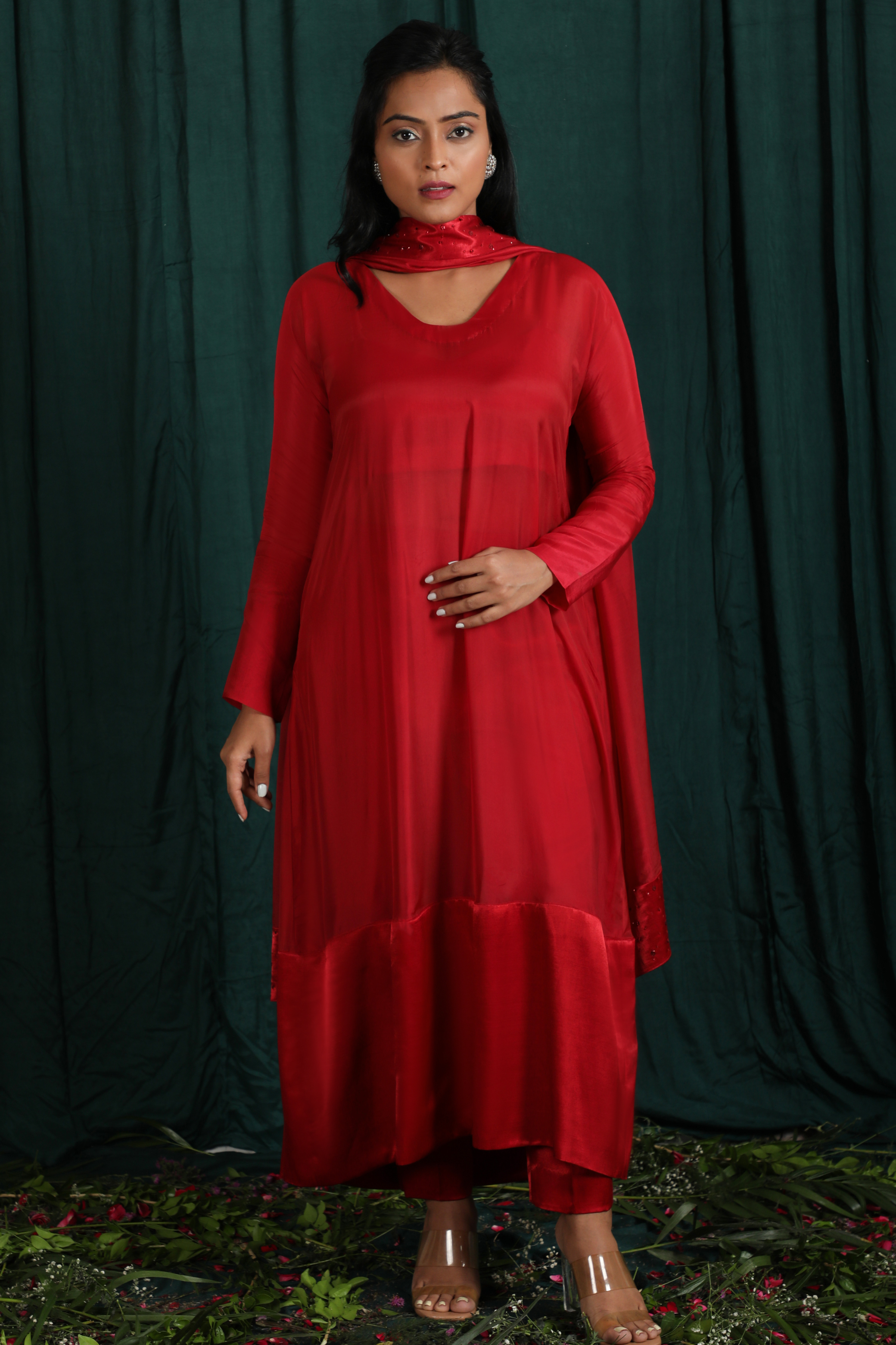 Red Taby Silk Suit Set