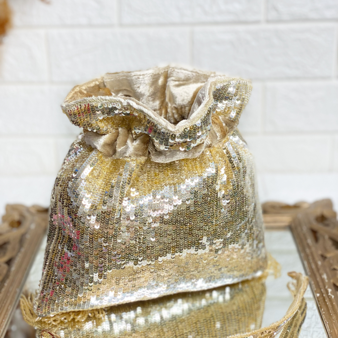 Gold Embellished Sequin Potli with Attached Fringes