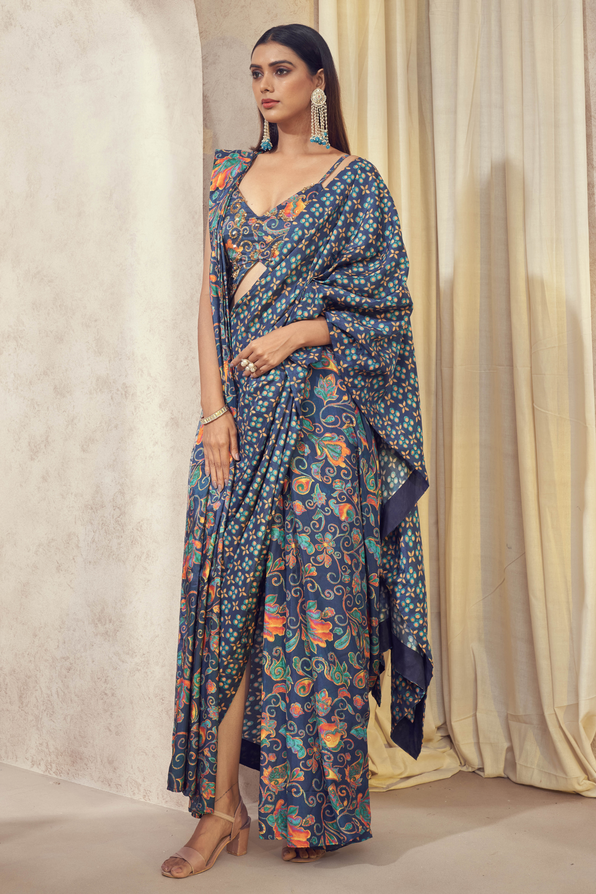 Blue Printed Draped Double Pallu Saree with Butterfly Blouse