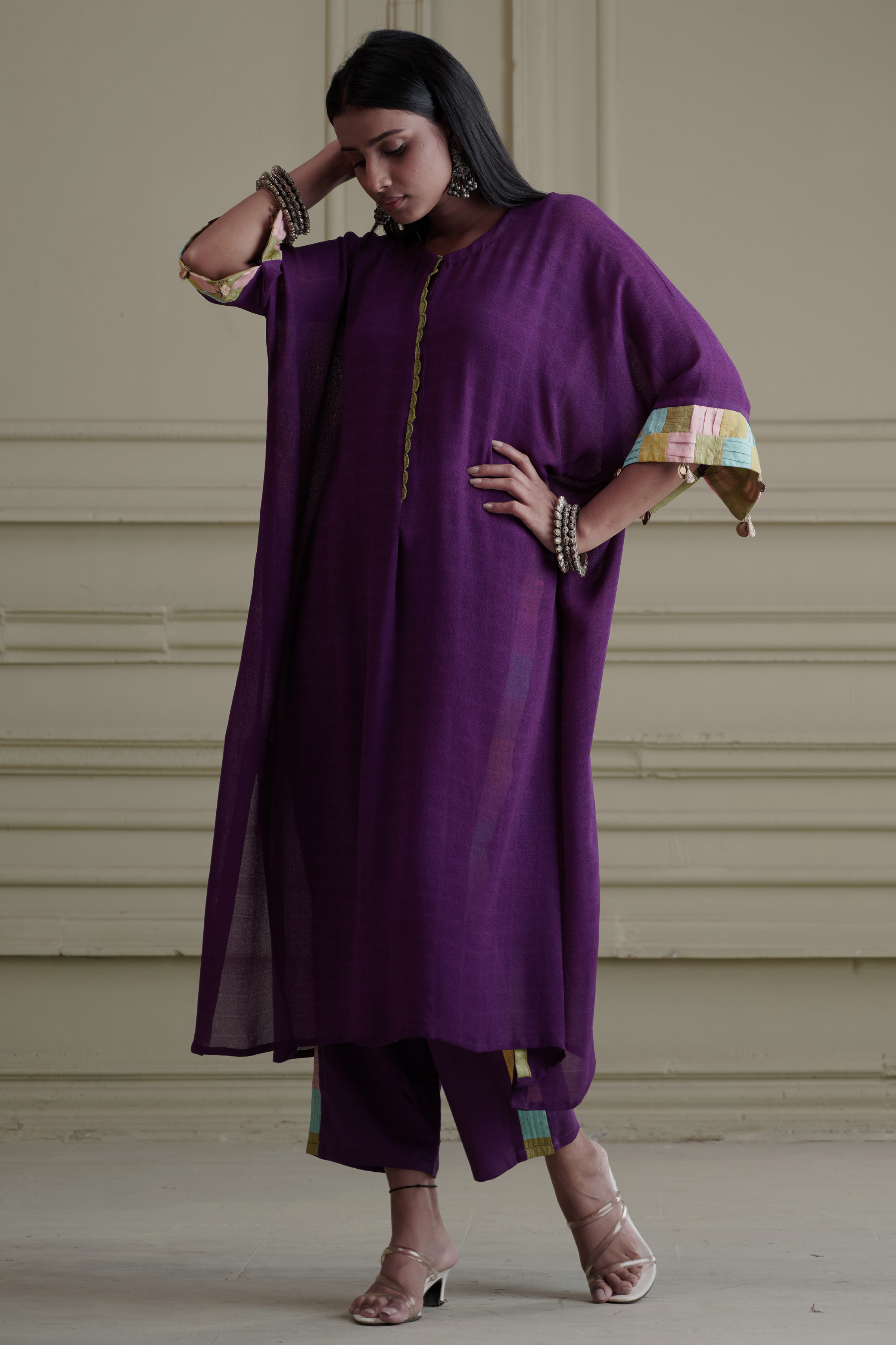 Purple Kaftan Set with Narrow Pants