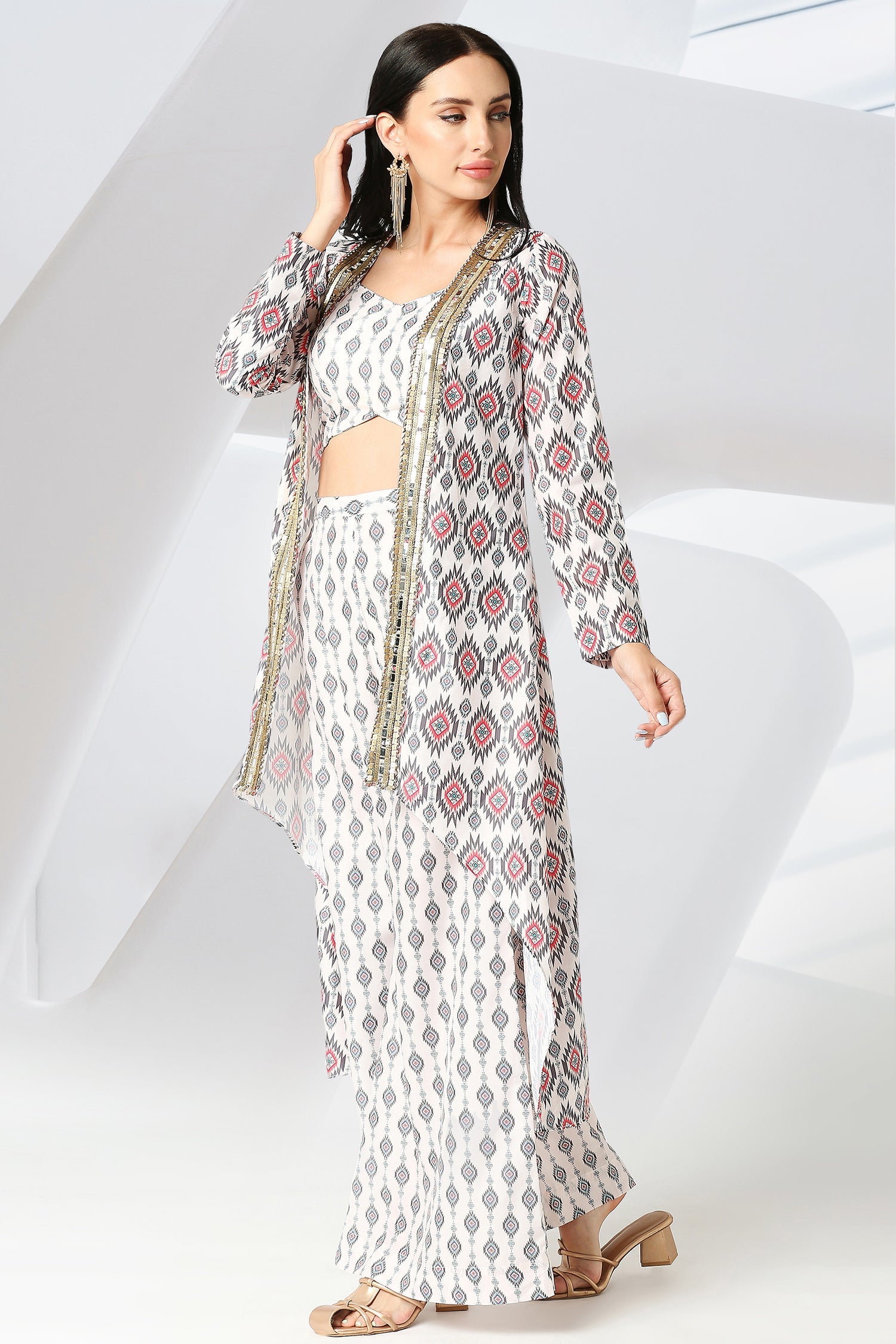 Off White Ikat Printed and Embroidered Cape Set