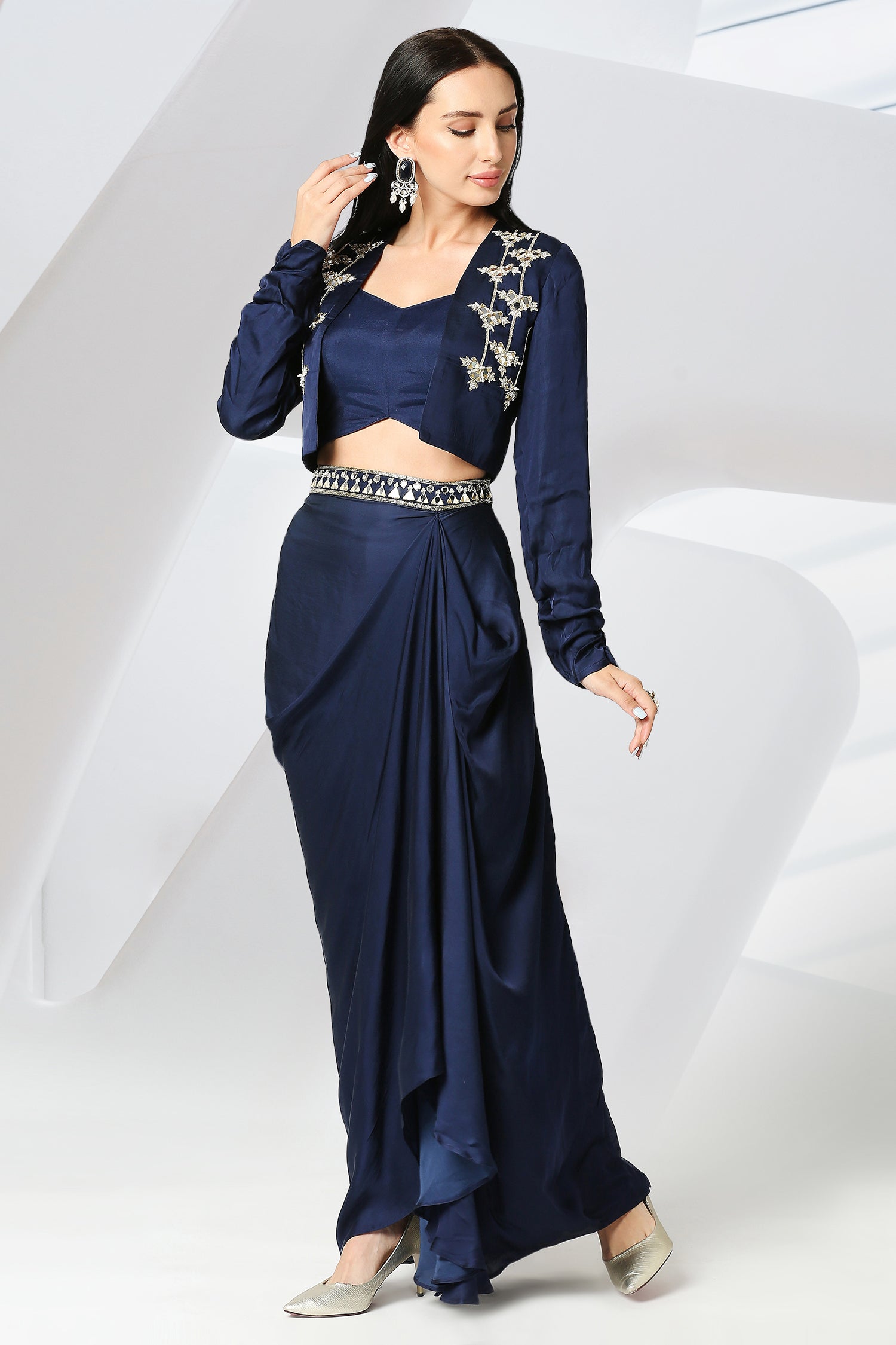 Navy Blue Drape Skirt with Embroidered Jacket