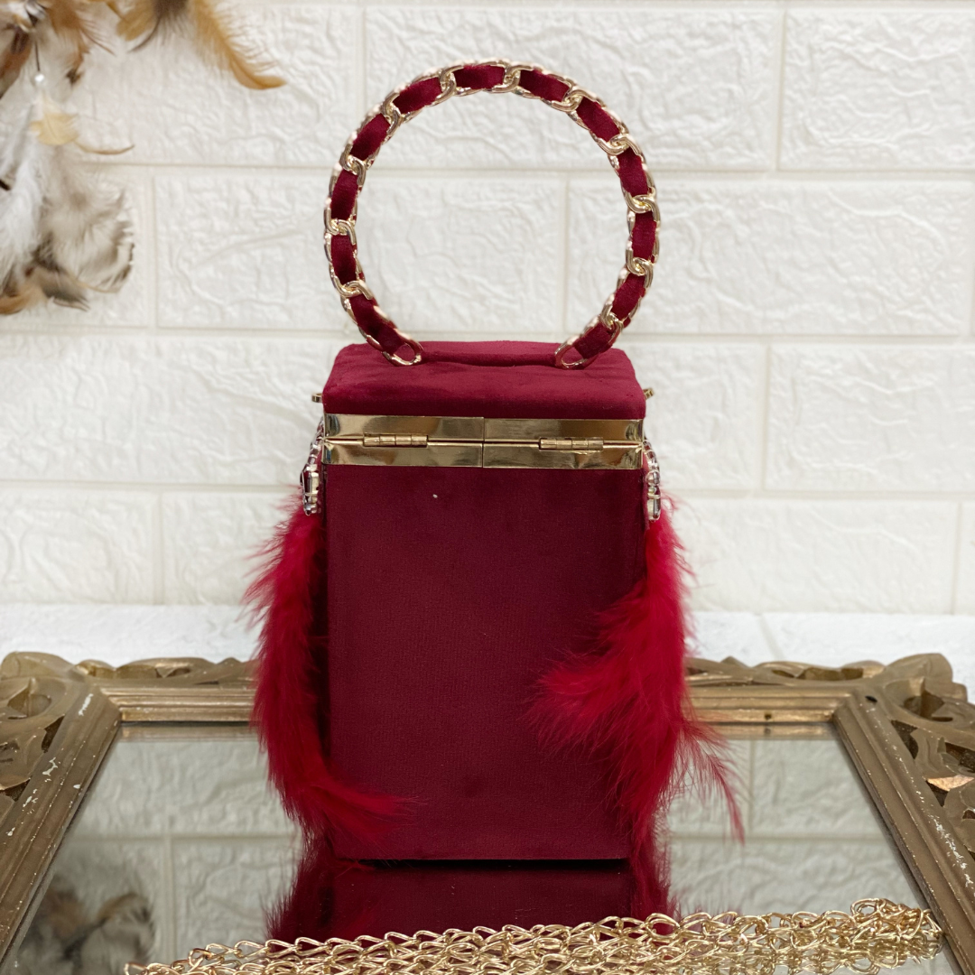 Red Feather Stud Detailing Box Clutch