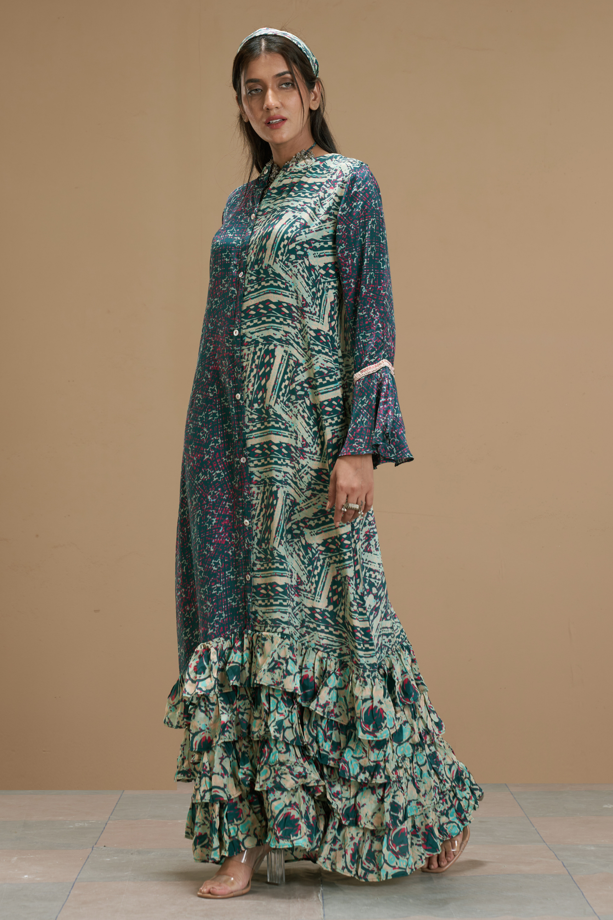 Printed Blue Ruffled Dress with Flared Sleeves