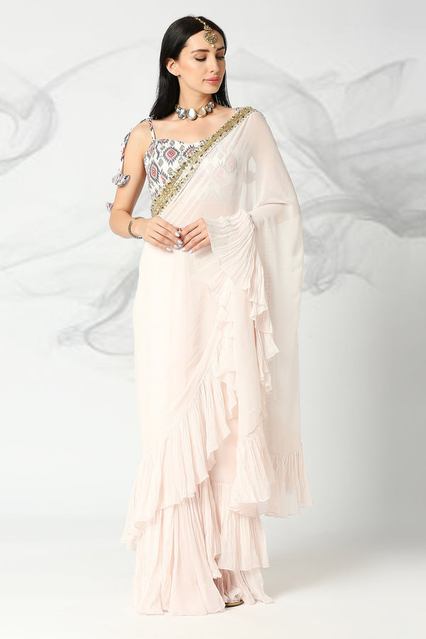 Blush Pink Embroidered Frill Saree with Blouse
