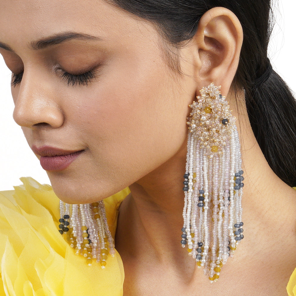 Hand crafted multicolor designer tassel long earrings
