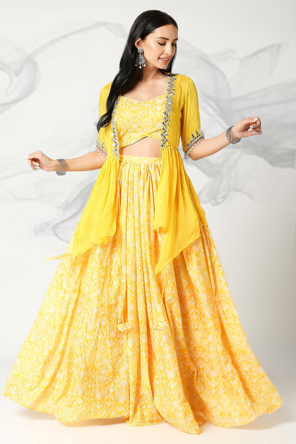 Canary Yellow Printed and Embroidered Lehenga
