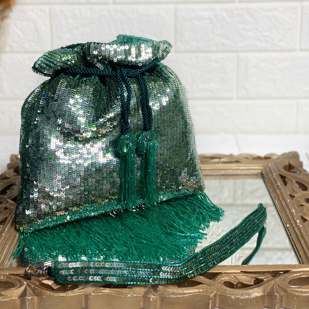 Green Embellished Sequin Potli with Attached Fringes