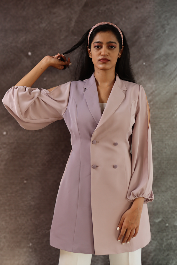 Pink A Line Blazer Dress with Balloon Sleeves