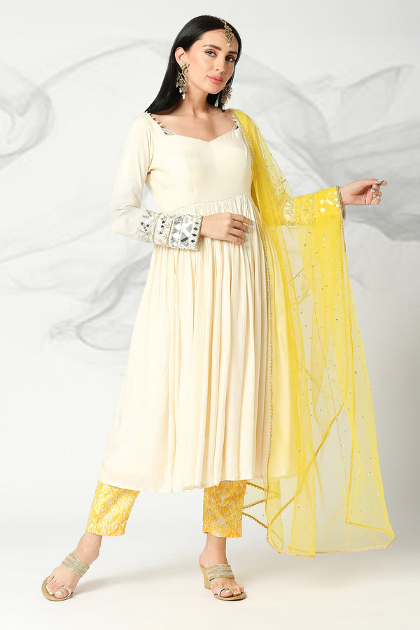 Off White and Yellow Embroidered Kalidar Set
