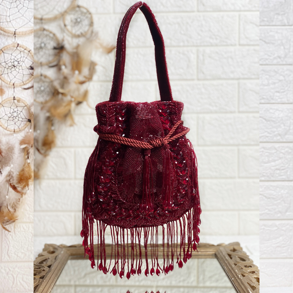 Maroon Embellished Pearl Potli with Attached Fringes