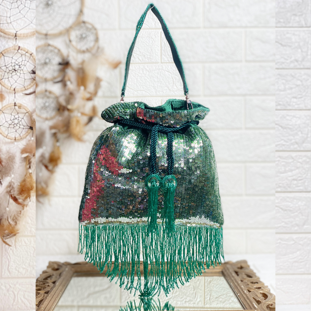 Green Embellished Sequin Potli with Attached Fringes