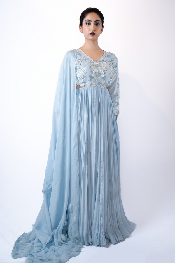 Cloud Blue Pleated Gown with Dupatta