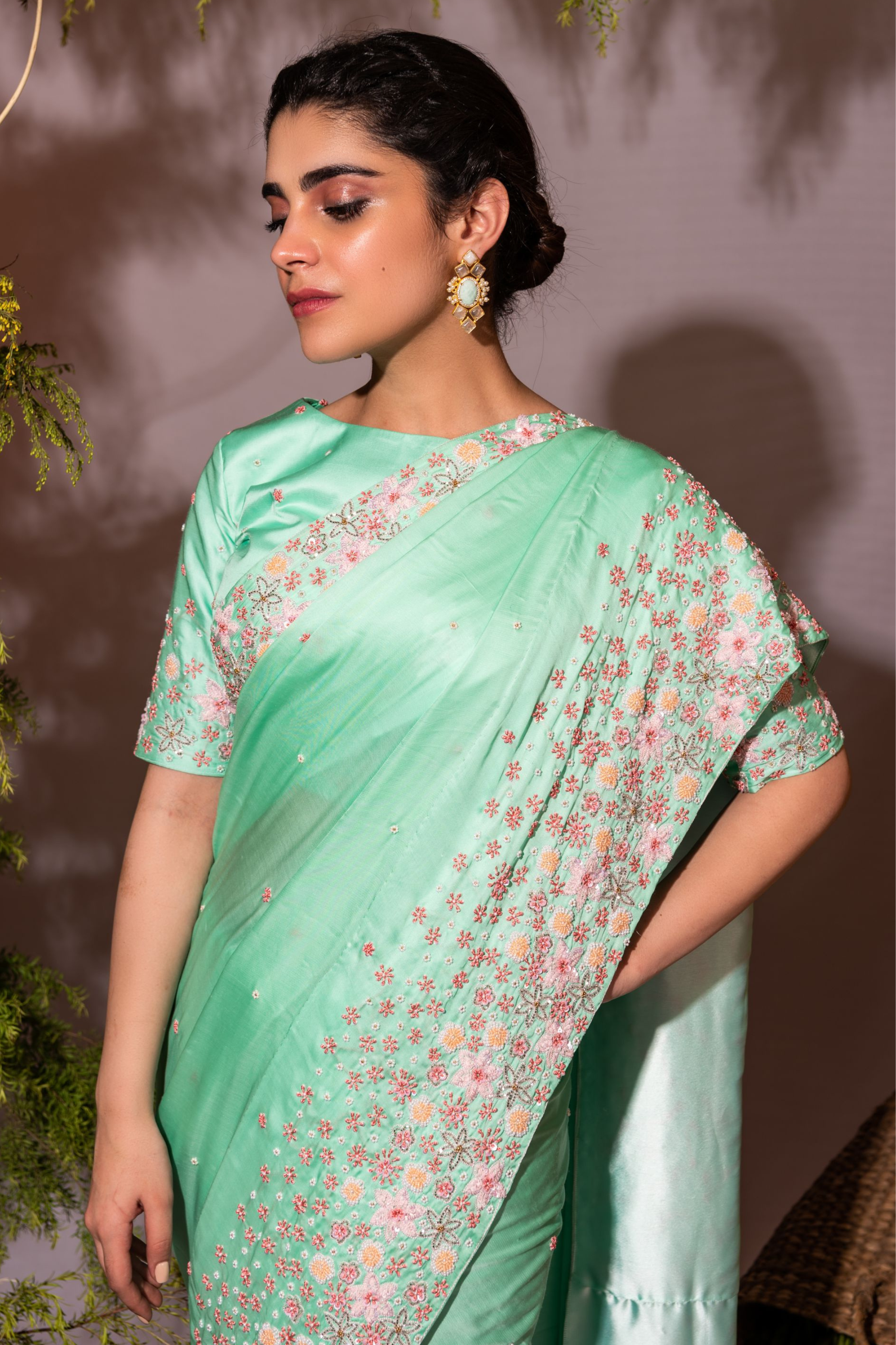 green floral embroidered saree