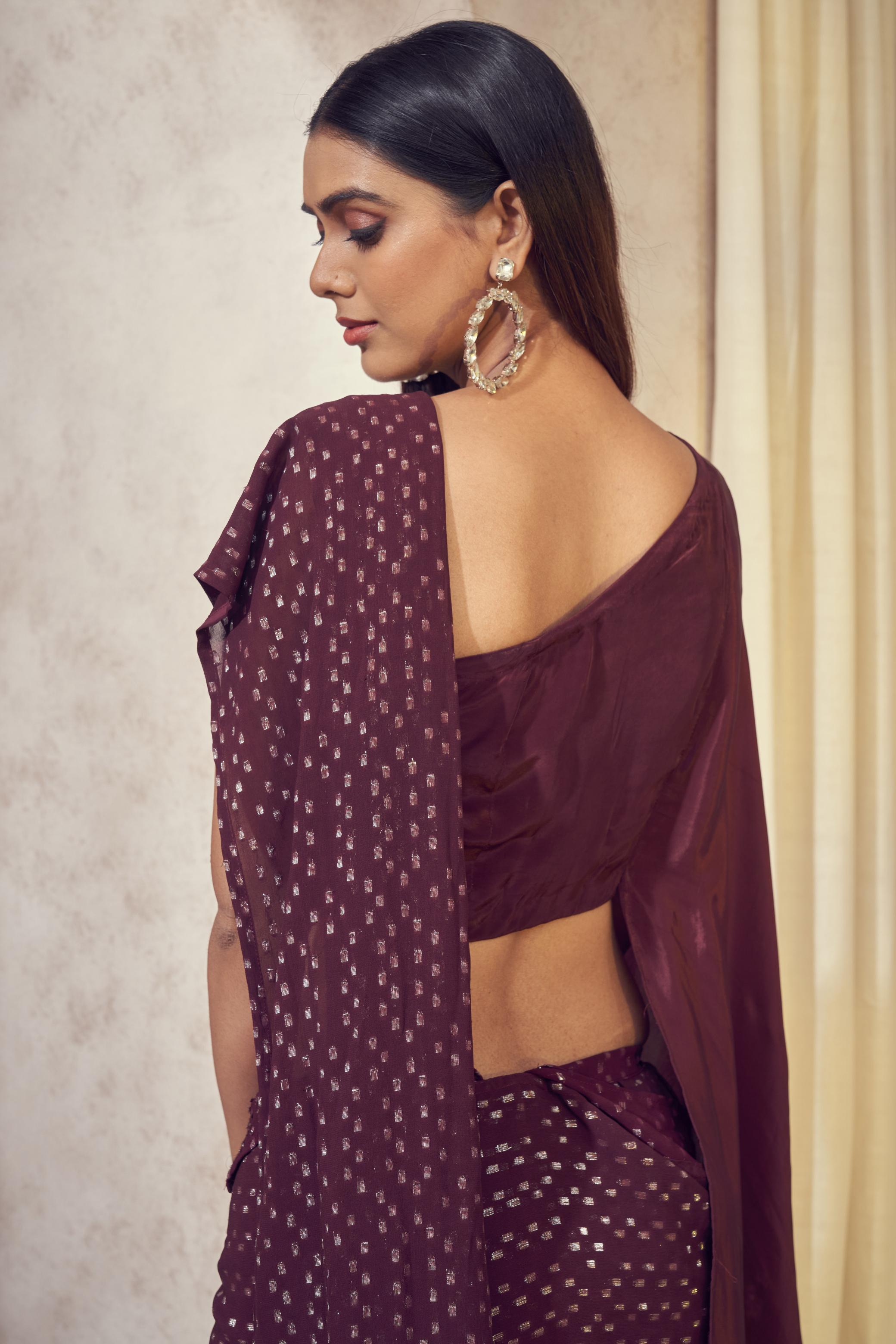Wine Saree with Asymmetrical Cape Blouse