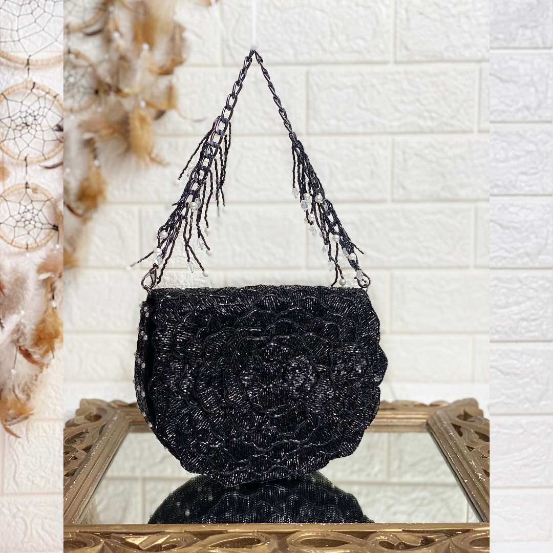 Black Embellished Rinestones Sequin Bag in Flower Shapes