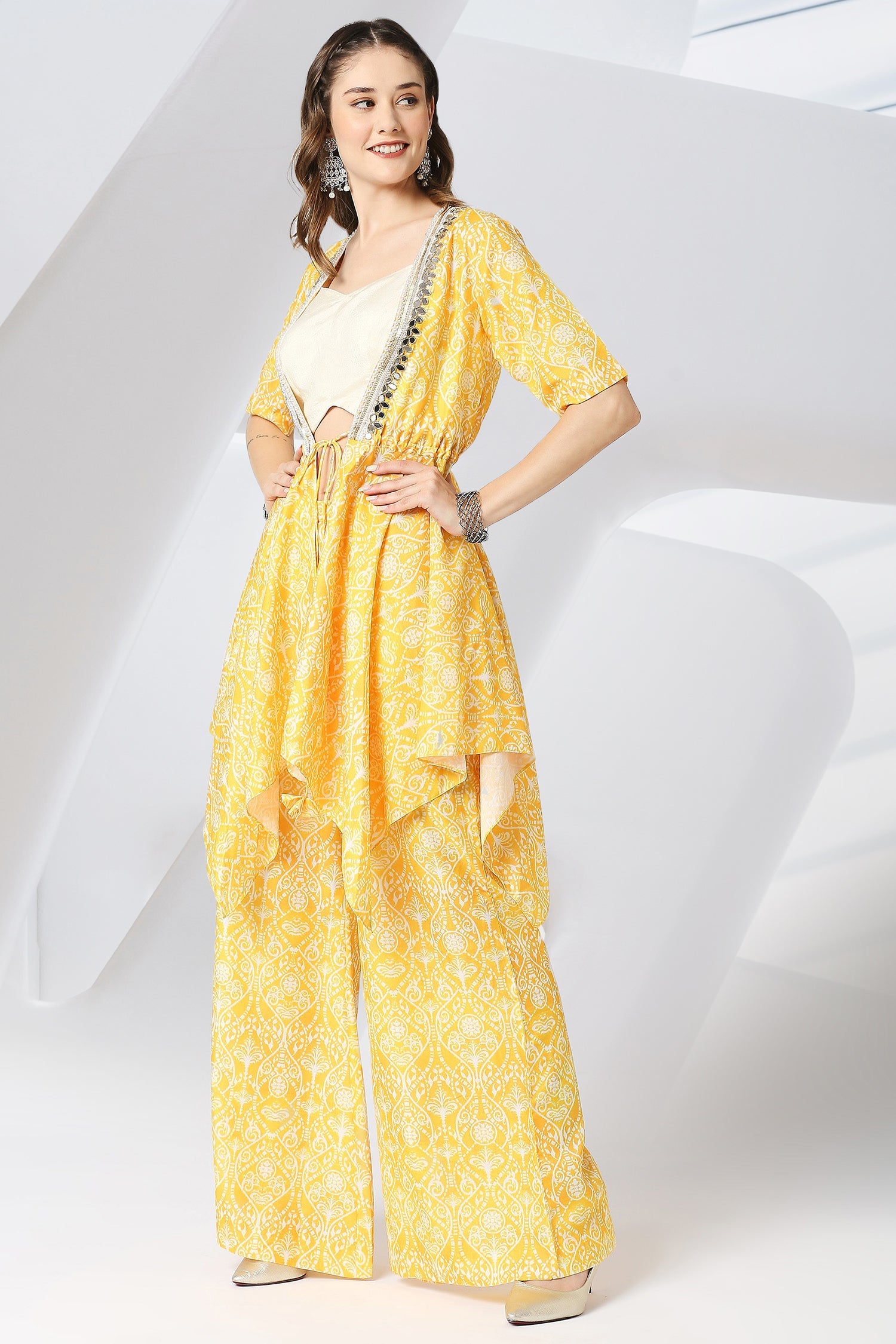 Canary Yellow Printed and Embroidered Jacket Set