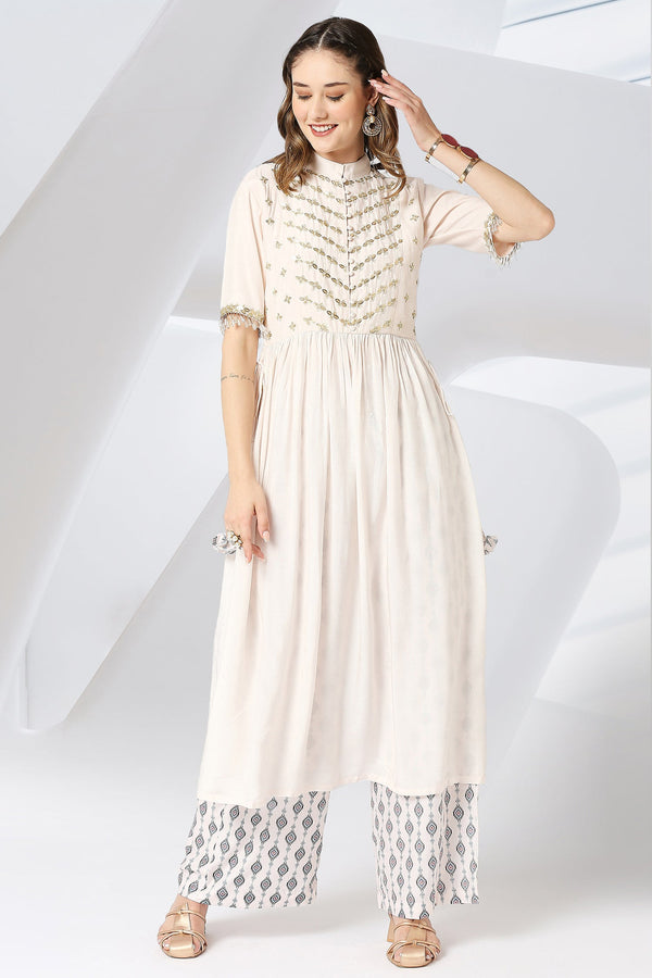 Off White Ikat Printed Embroidered Kurta Set with Pants