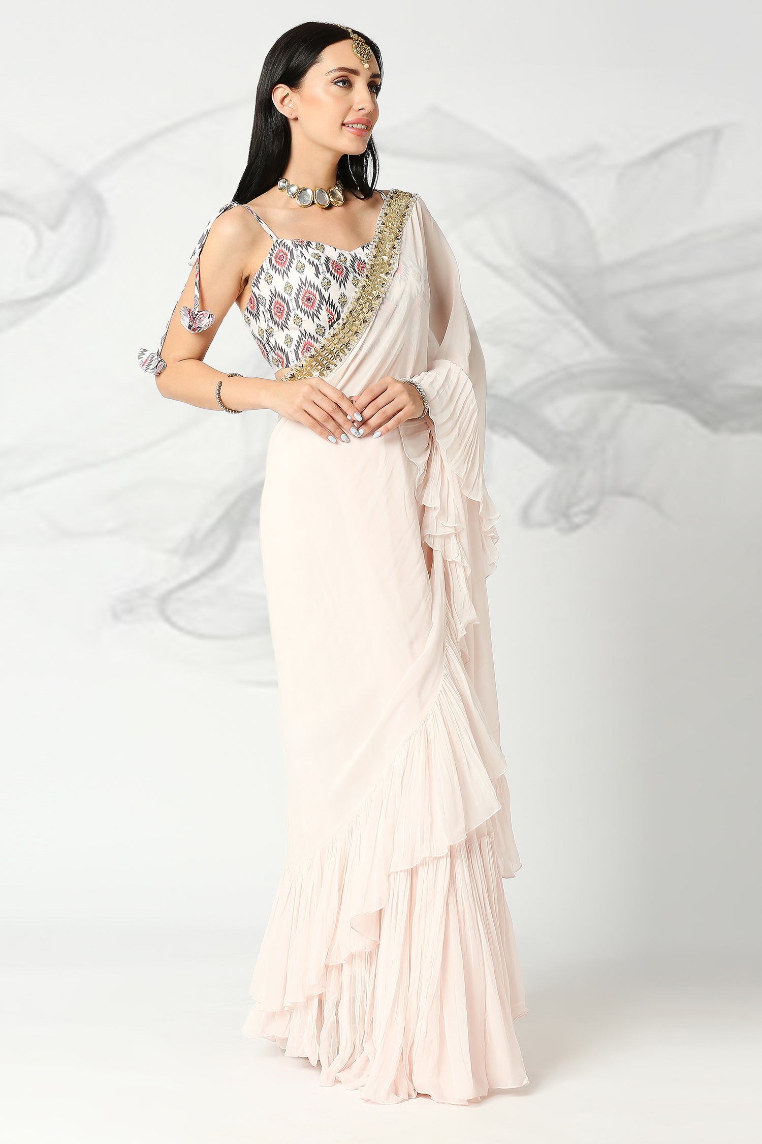 Blush Pink Embroidered Frill Saree with Blouse
