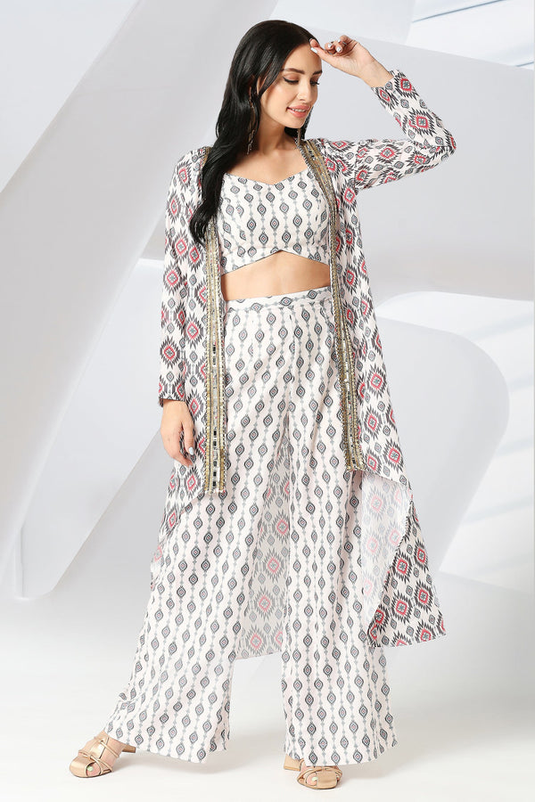 Off White Ikat Printed and Embroidered Cape Set
